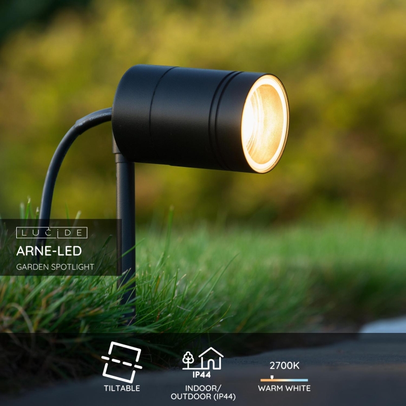 Lucide ARNE-LED - Záhradné bodové svietidlo Vonkajšie - Ø 6,3 cm - LED - GU10 - 1x5W 2700K - IP44 - Čierny